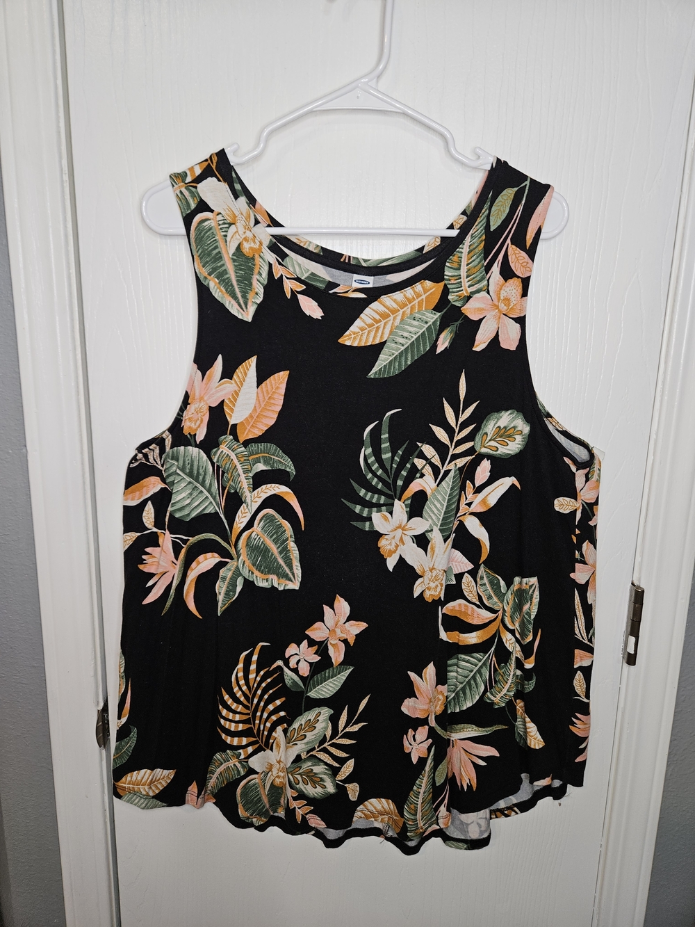 Old Navy Black Tank Top with Peach and Green Tropical Print